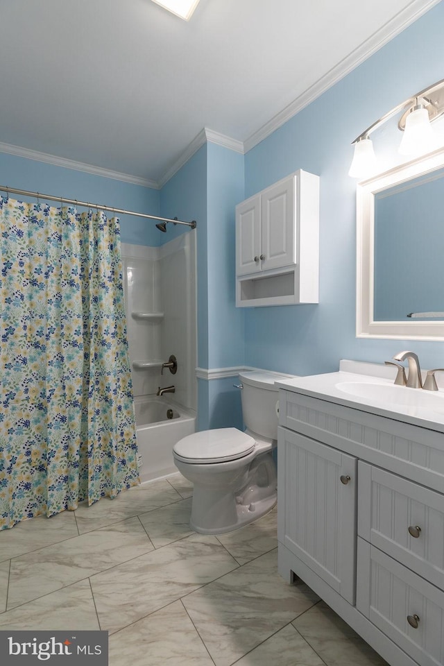 full bathroom featuring toilet, vanity, shower / bath combination with curtain, and ornamental molding