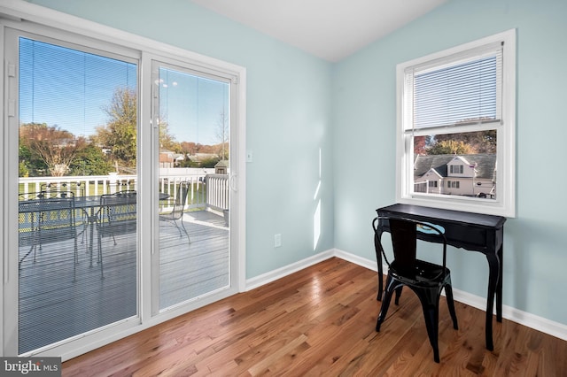 doorway with a healthy amount of sunlight and light hardwood / wood-style flooring