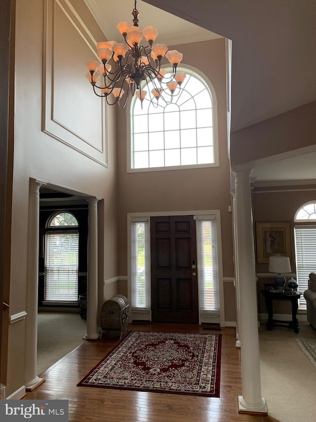 foyer entrance with plenty of natural light, hardwood / wood-style floors, and a high ceiling