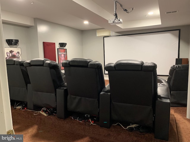 carpeted home theater featuring a tray ceiling