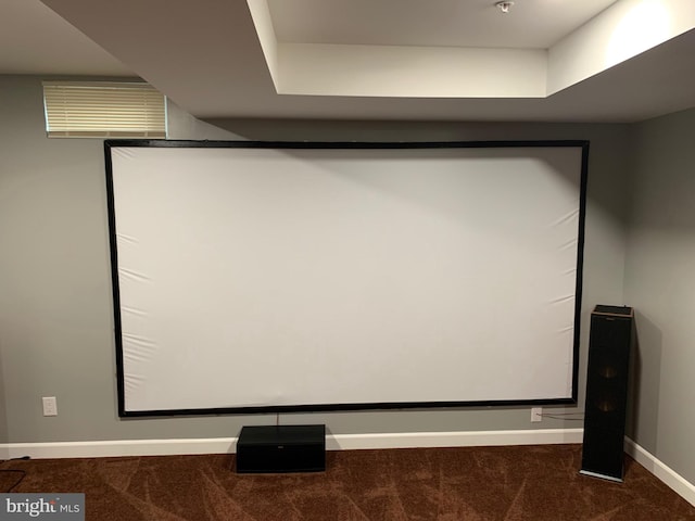 carpeted cinema room with a raised ceiling