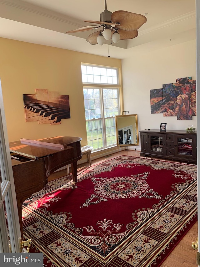 interior space with ceiling fan, hardwood / wood-style floors, and crown molding