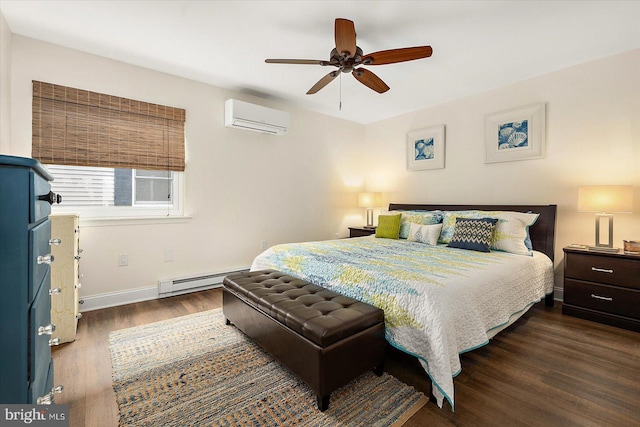 bedroom with a wall unit AC, ceiling fan, baseboard heating, and dark hardwood / wood-style flooring