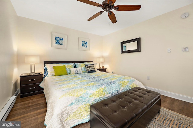 bedroom featuring dark hardwood / wood-style flooring, baseboard heating, and ceiling fan