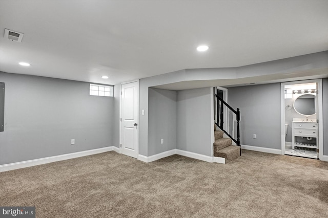 basement with electric panel and carpet floors