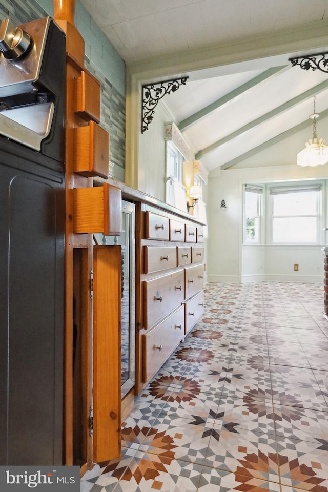 corridor featuring lofted ceiling with beams, tile patterned flooring, and a notable chandelier