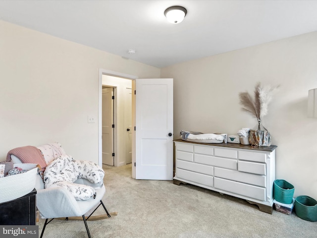 living area featuring light colored carpet