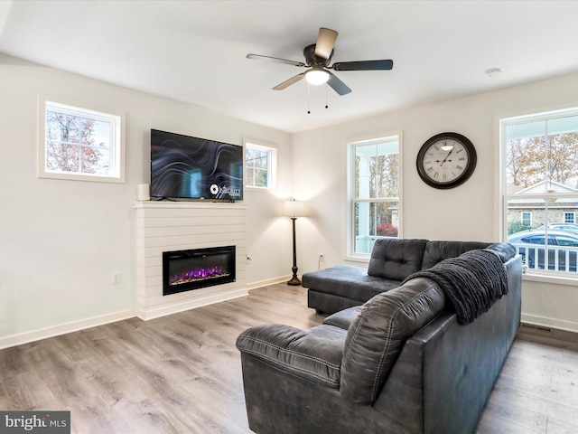 living room with a healthy amount of sunlight, a large fireplace, light wood-type flooring, and ceiling fan