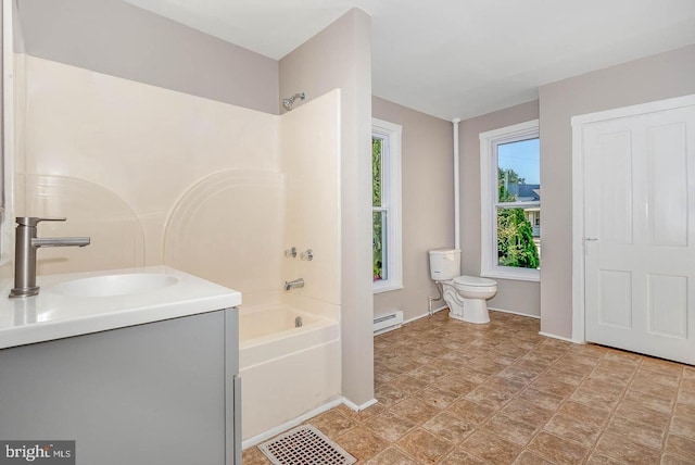 212 W Allen St, Mechanicsburg, PA 17055 - bathroom featuring toilet, tub / shower combination, visible vents, a baseboard heating unit, and vanity