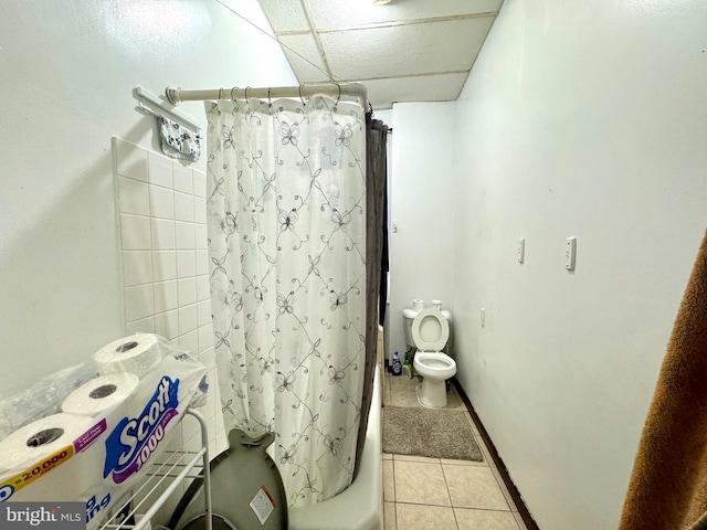 bathroom with tile patterned flooring, toilet, and shower / bathtub combination with curtain