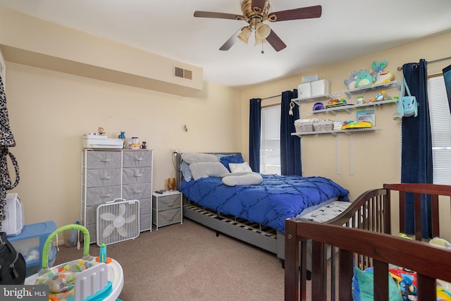 bedroom featuring carpet flooring and ceiling fan