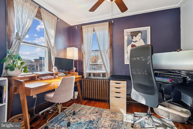 office with ceiling fan, radiator, wood-type flooring, and crown molding