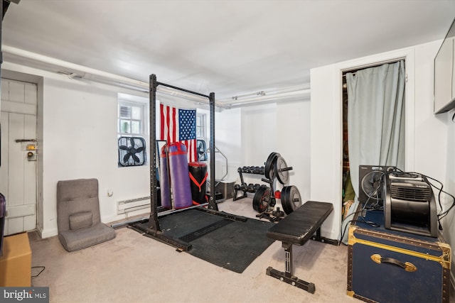 exercise area featuring light carpet