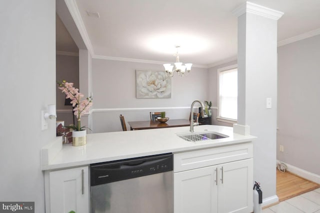 kitchen with ornamental molding, sink, stainless steel dishwasher, white cabinetry, and light hardwood / wood-style floors