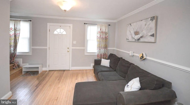 living room with light hardwood / wood-style floors, ornamental molding, and plenty of natural light