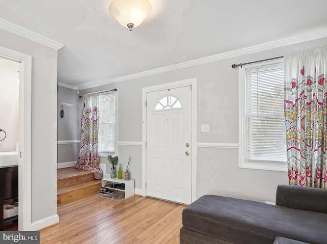 entrance foyer featuring crown molding and light hardwood / wood-style floors