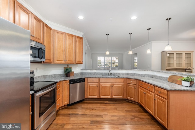 kitchen featuring stainless steel appliances, hardwood / wood-style flooring, sink, ornamental molding, and hanging light fixtures