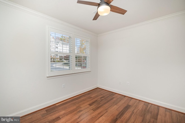 unfurnished room with ceiling fan, wood-type flooring, and ornamental molding