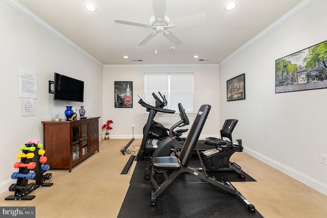 exercise room featuring light colored carpet, ceiling fan, and ornamental molding