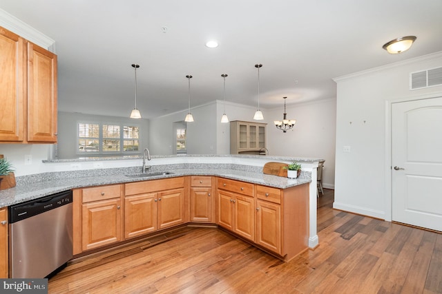 kitchen featuring kitchen peninsula, sink, stainless steel dishwasher, light stone countertops, and light wood-type flooring