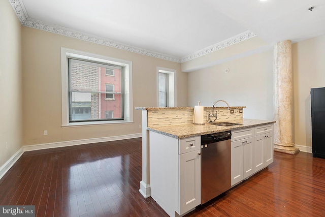 kitchen featuring sink, stainless steel dishwasher, dark hardwood / wood-style floors, and white cabinets