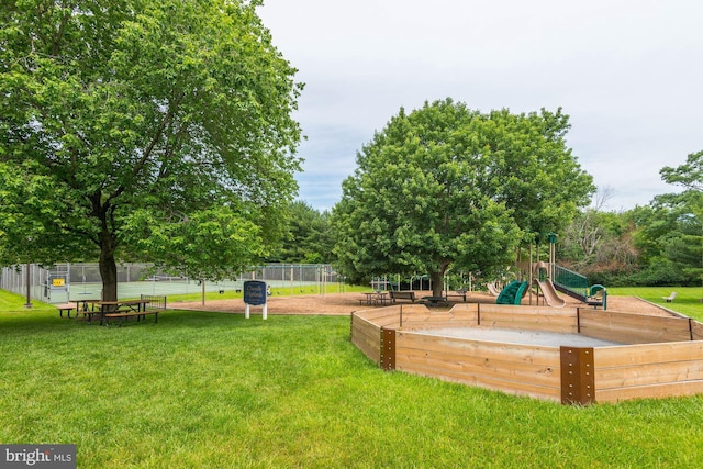 view of yard featuring fence and playground community