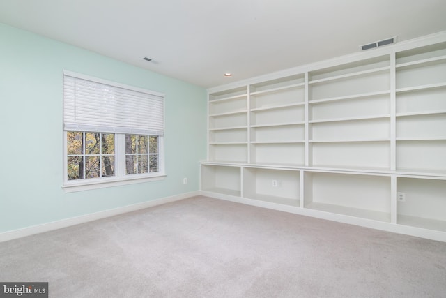 carpeted empty room with built in shelves