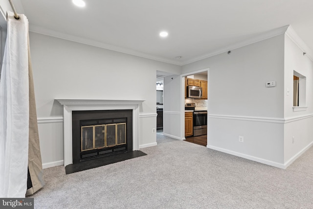 unfurnished living room featuring light colored carpet and ornamental molding