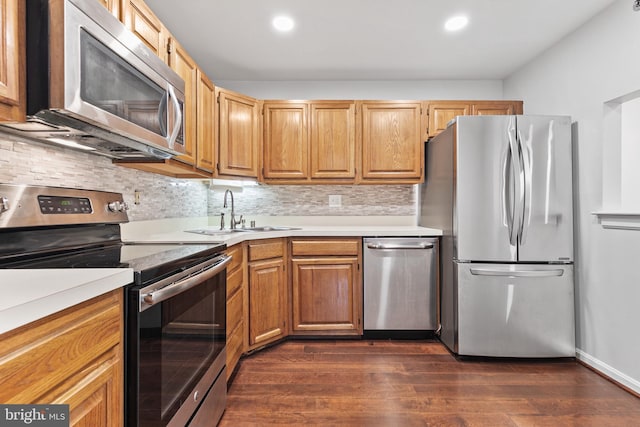 kitchen featuring sink, stainless steel appliances, decorative backsplash, and dark hardwood / wood-style floors