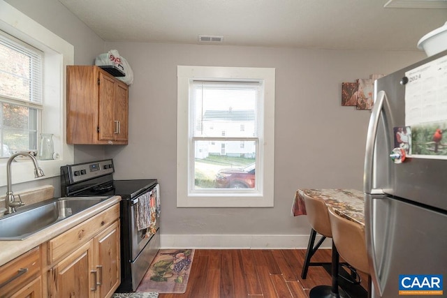 kitchen featuring dark wood-type flooring, appliances with stainless steel finishes, a wealth of natural light, and sink