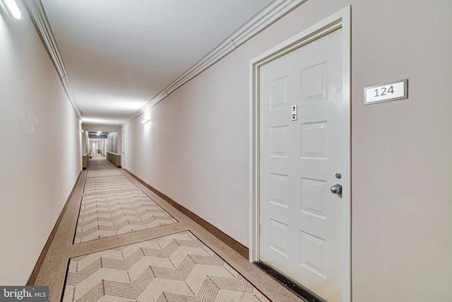 corridor featuring ornamental molding and a textured ceiling