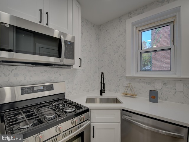 kitchen featuring white cabinets, stainless steel appliances, and sink