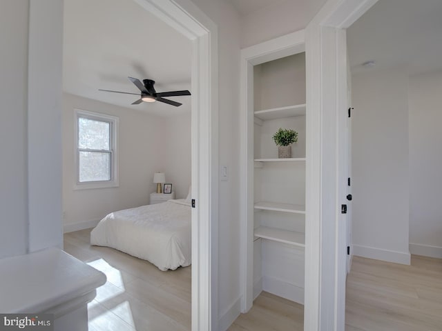 bedroom with light hardwood / wood-style floors and ceiling fan