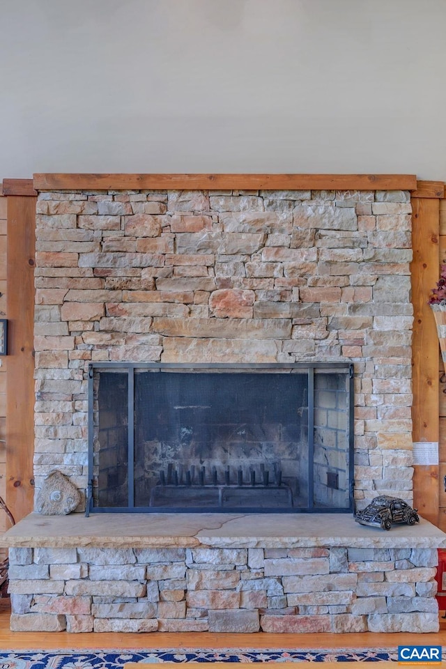 room details featuring hardwood / wood-style flooring and a fireplace