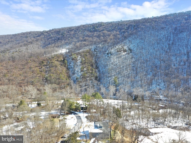 snowy aerial view featuring a mountain view