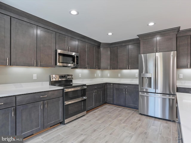 kitchen with stainless steel appliances and dark brown cabinets