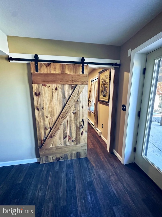 details with hardwood / wood-style flooring, a baseboard radiator, and a barn door