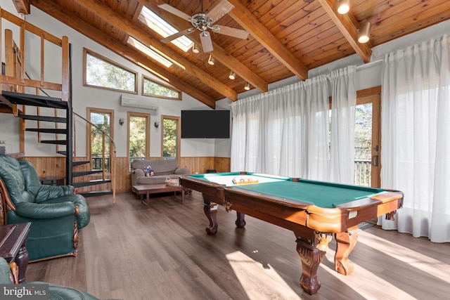 recreation room with wooden ceiling, beamed ceiling, wood walls, wood-type flooring, and pool table