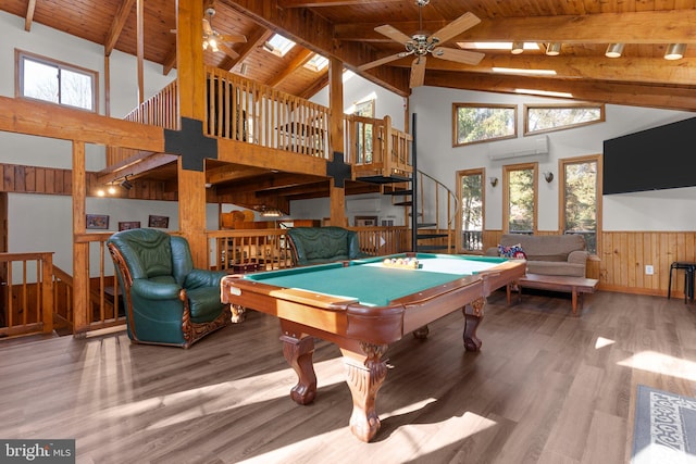 playroom with wood ceiling, ceiling fan, wood-type flooring, high vaulted ceiling, and pool table