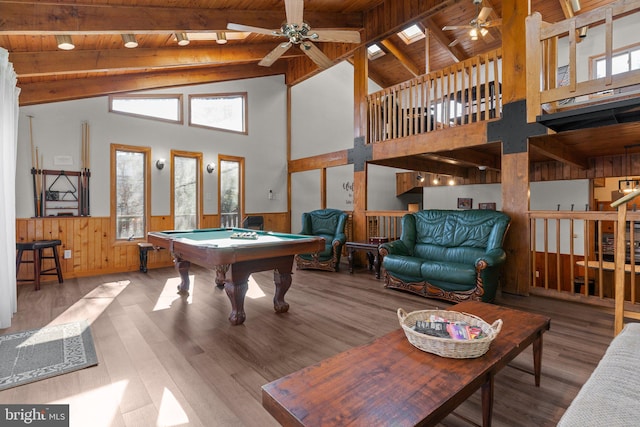 playroom featuring high vaulted ceiling, wood-type flooring, wooden ceiling, and billiards