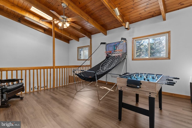 game room featuring lofted ceiling with beams, ceiling fan, wooden ceiling, and wood-type flooring