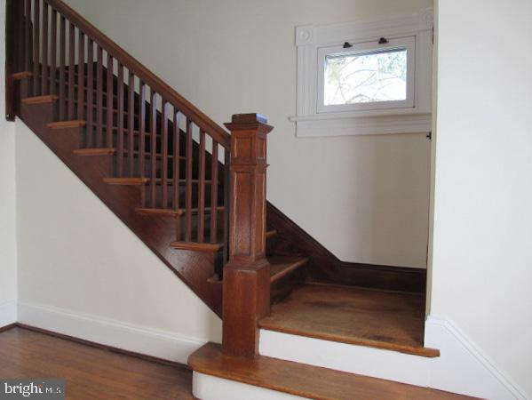 stairway with hardwood / wood-style floors