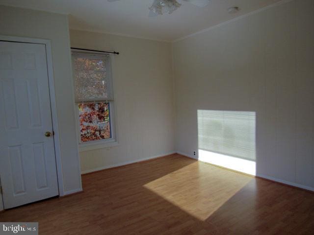 unfurnished room with hardwood / wood-style flooring and ceiling fan