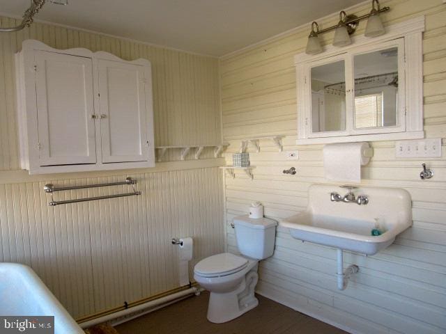 bathroom featuring toilet, sink, and ornamental molding