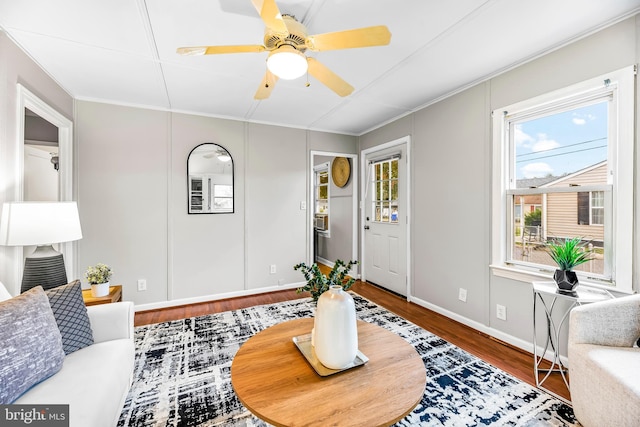 22 Fairmont Pl, Indian Head, MD 20640 - living area with baseboards, ornamental molding, a ceiling fan, and wood finished floors