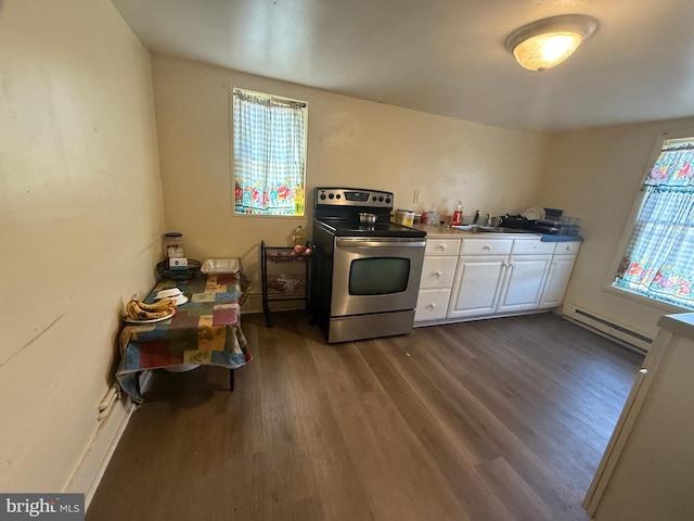 kitchen featuring a baseboard heating unit, stainless steel electric stove, dark hardwood / wood-style floors, and white cabinetry