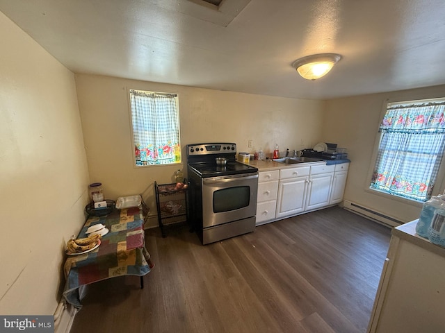 kitchen with sink, electric range, plenty of natural light, and dark hardwood / wood-style flooring