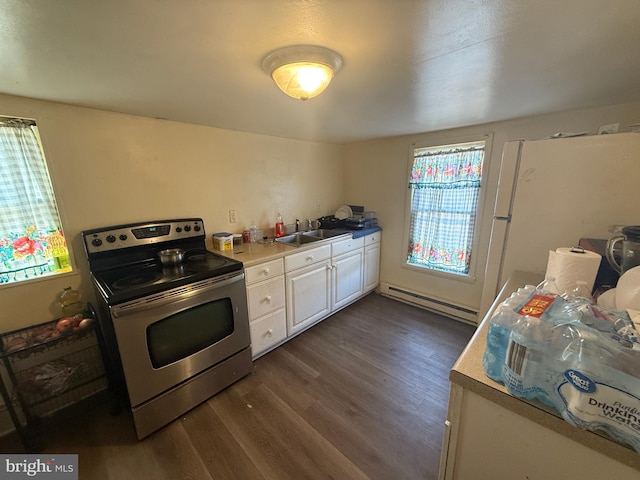 kitchen with baseboard heating, sink, electric stove, white cabinets, and dark hardwood / wood-style flooring