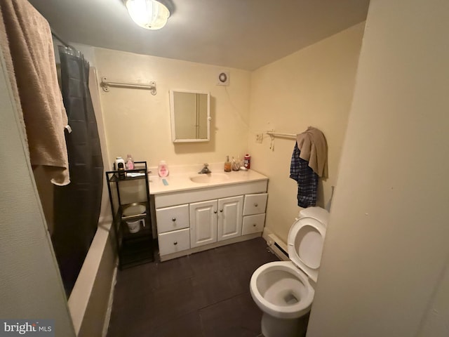 bathroom with toilet, tile patterned flooring, a baseboard heating unit, a shower with shower curtain, and vanity