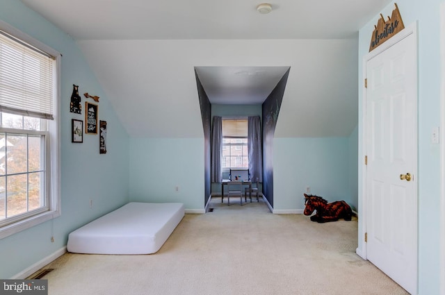 carpeted bedroom with vaulted ceiling